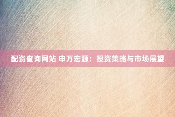 配资查询网站 申万宏源：投资策略与市场展望